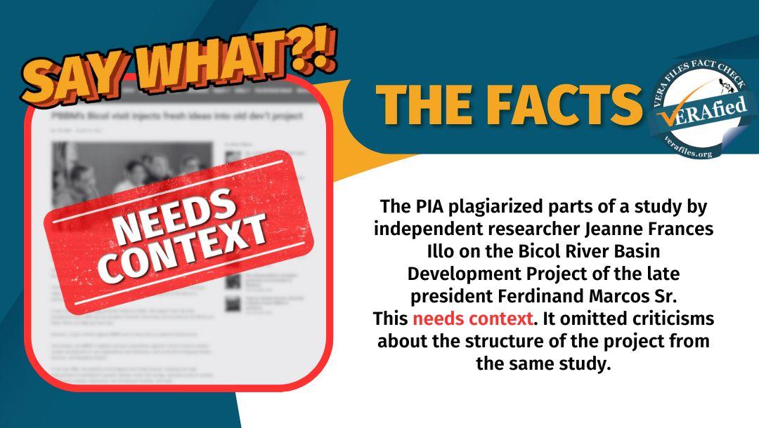 Graphic showing PIA plargiazing parts of a study by independent researcher Jeanne Frances Illo on the Bicol River Basic Development Project of the late president Ferdinand Marcos Sr.