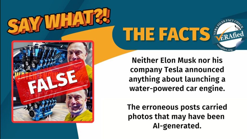 A graphic showing the text: Neither Elon Musk nor his company Tesla announced anything about launching a water-powered car engine. The erroneous posts carried photos that may have been AI-generated.