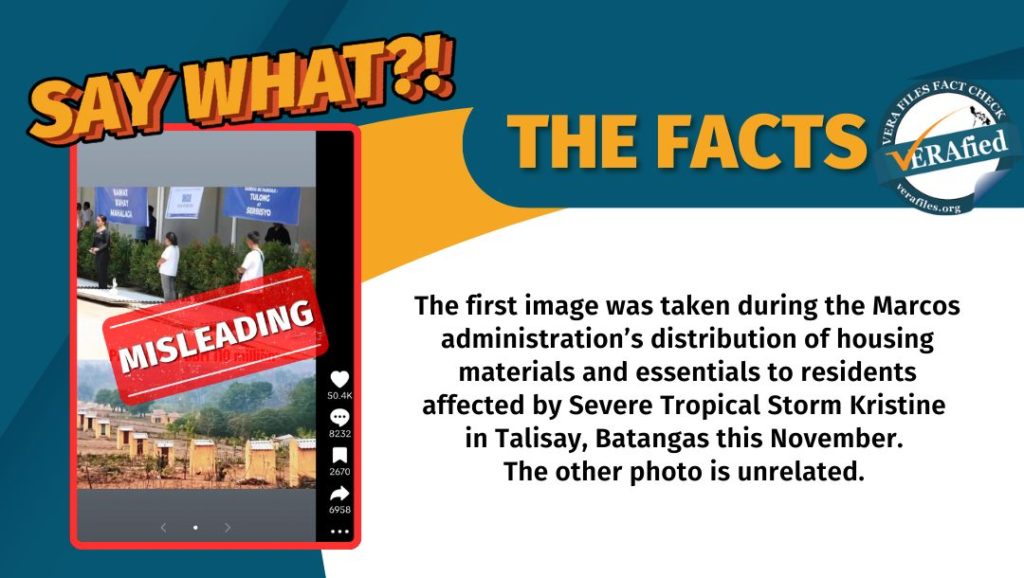 A graphic card showing the text: The first image was taken during the Marcos administration’s distribution of housing materials and essentials to residents affected by Severe Tropical Storm Kristine in Talisay, Batangas this November. The other photo is unrelated.