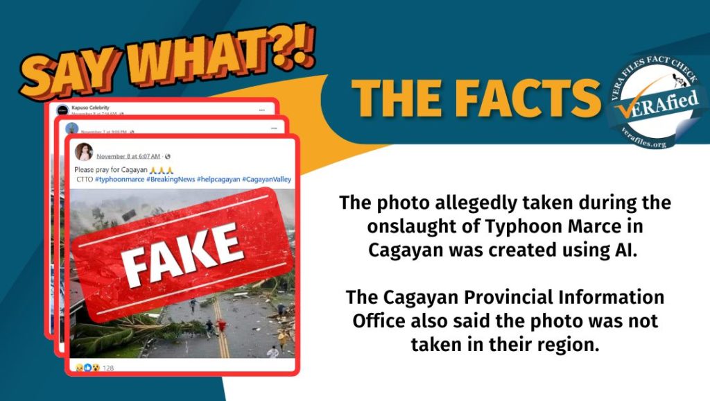 A graphic showing the text: The photo allegedly taken during the onslaught of Typhoon Marce in Cagayan was created using AI. The Cagayan Provincial Information Office also said the photo was not taken in their region.