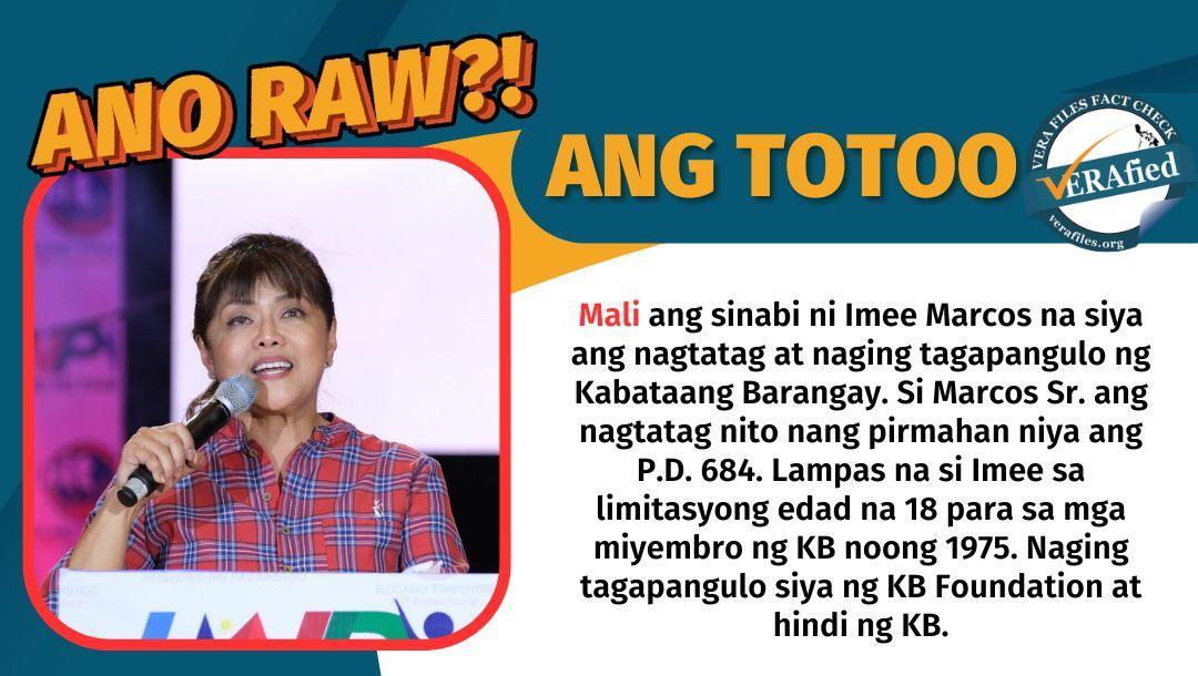 FACT CHECK: Pahayag ni Imee Marcos na Kabataang Barangay founder at chair siya HINDI TOTOO