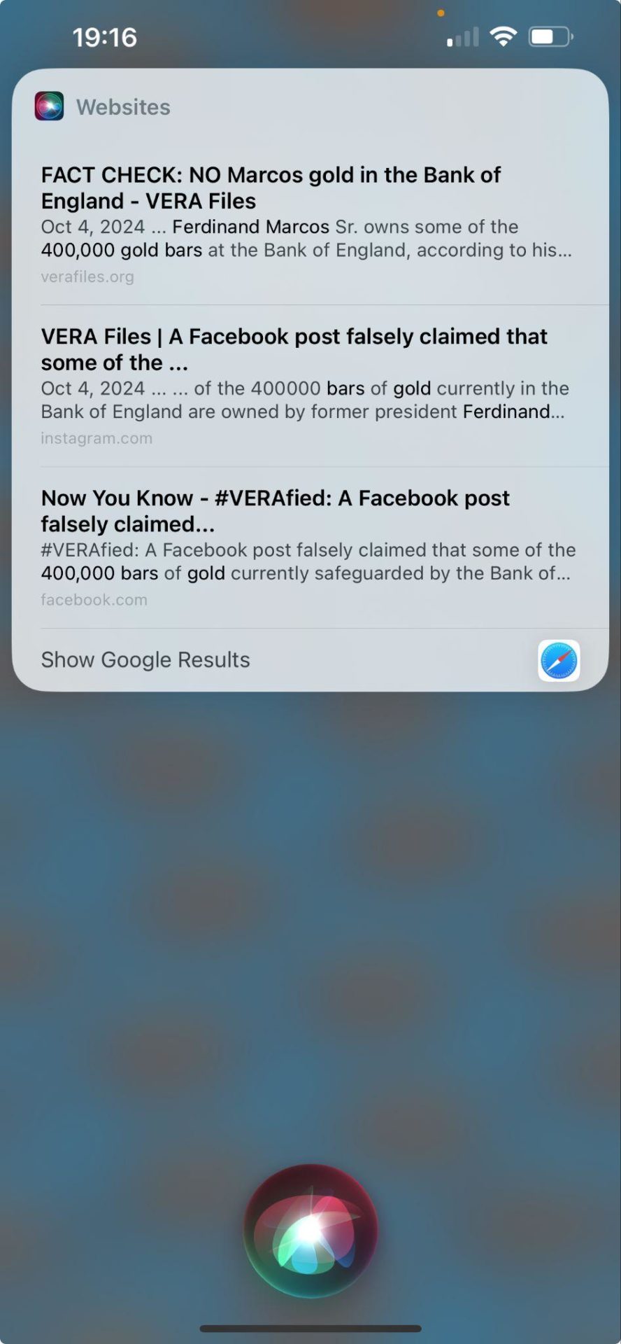 Image shows a white rounded rectangle notification pop-up on a computer screen. Text reads: Ferdinant marcos Sr owns some of the 400,000 gold bars at the Bank of England, according to his last will and testament. The source cited was verafiles.org.