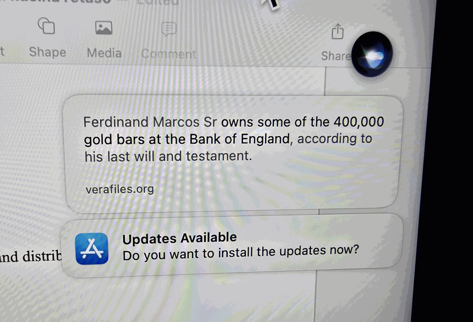 Image shows a white rounded rectangle notification pop-up on a computer screen. Text reads: Ferdinant marcos Sr owns some of the 400,000 gold bars at the Bank of England, according to his last will and testament. The source cited was verafiles.org.