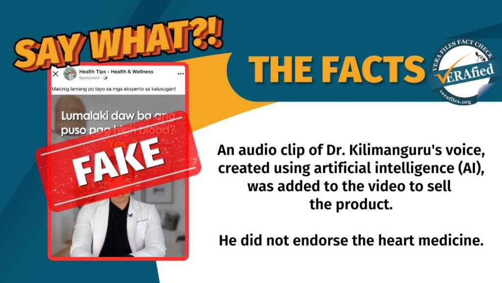 A graphic showing the text: This ad of Dr. Kilimanguru is fake. He has never endorsed Vascuhealth. AI was used to generate an audio clip that sounds like he was selling the product.