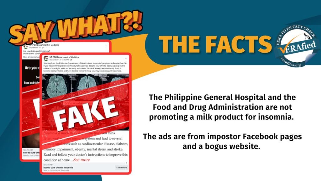 A graphic showing a text which reads: The Philippine General Hospital and the Food and Drug Administration are not promoting a milk product for insomnia. The ads are from impostor Facebook pages and a bogus website.