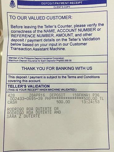 Deposit slip to the joint bank account of Rodrigo Duterte and Sara Duterte