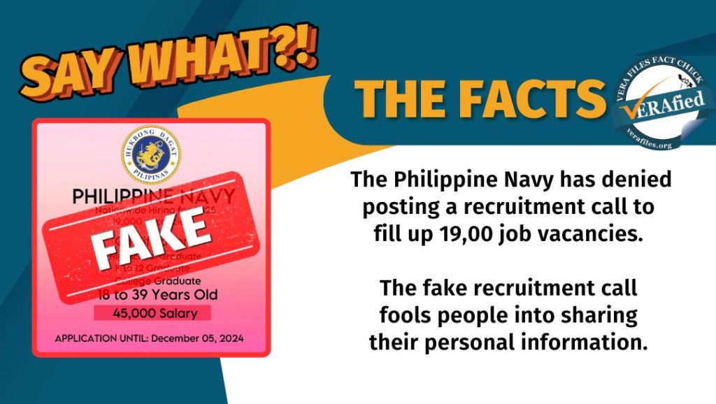 A graphic showing the text: The Philippine Navy has denied posting a recruitment call to fill up 19,00 job vacancies. The fake recruitment call fools people into sharing their personal information.