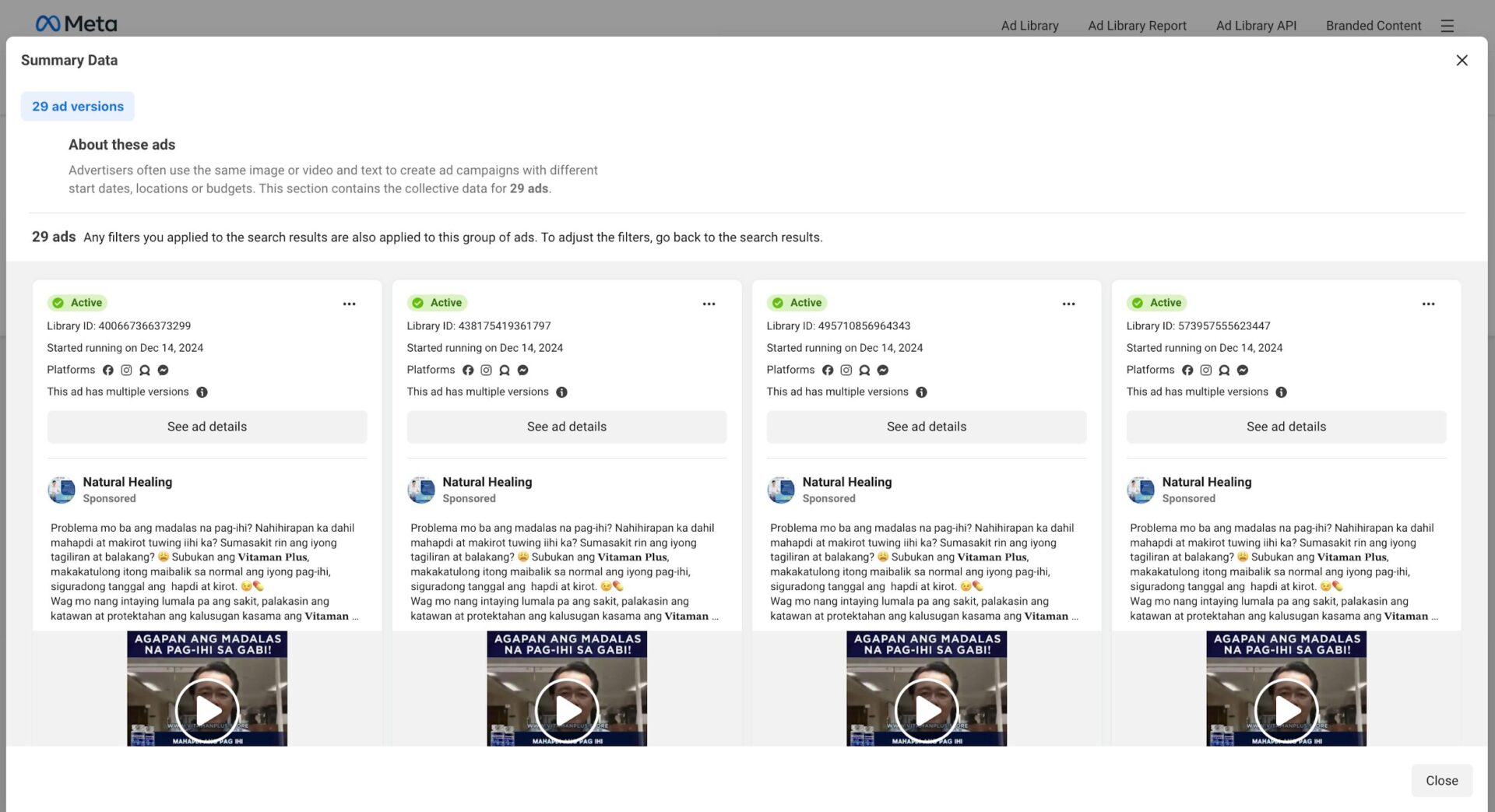 Screencapture shows data from Meta Ads Library featuring posts from a page called Natural Healing, a long caption selling a prostatitis cure called Vitaman Plus, and a video of Dr. Willie Ong.