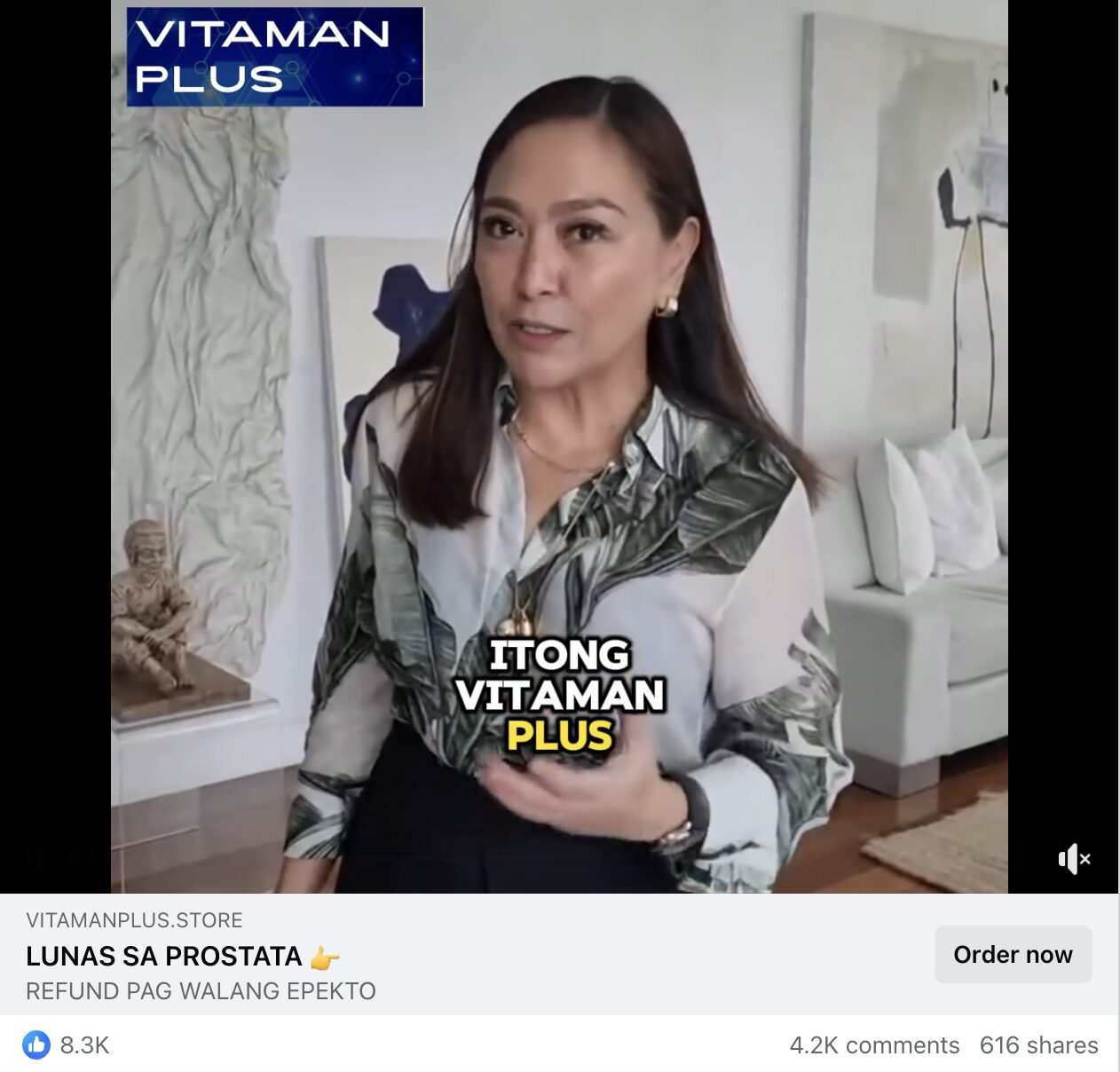 Screencapture shows Karen Davila is a black and white leaf-print blouse, speaking into a camera about Vitaman Plus. The name Vitaman Plus placed over a blue rectangle can be seen on the top left corner of the video.