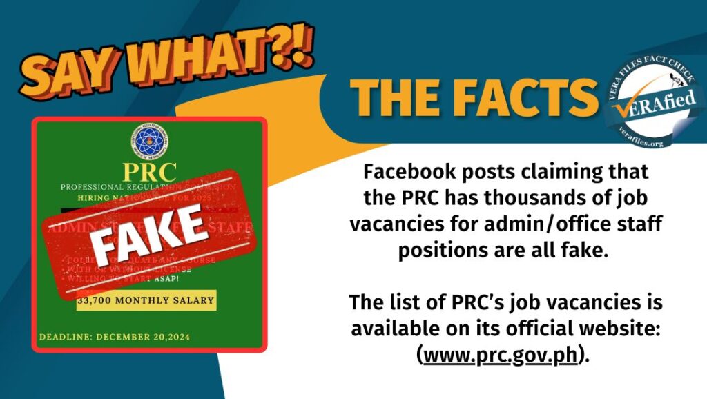 A graphic card with the text: Facebook posts claiming that the PRC has thousands of job vacancies for admin/office staff positions are all fake. The list of PRC’s job vacancies is available on its official website: (www.prc.gov.ph).