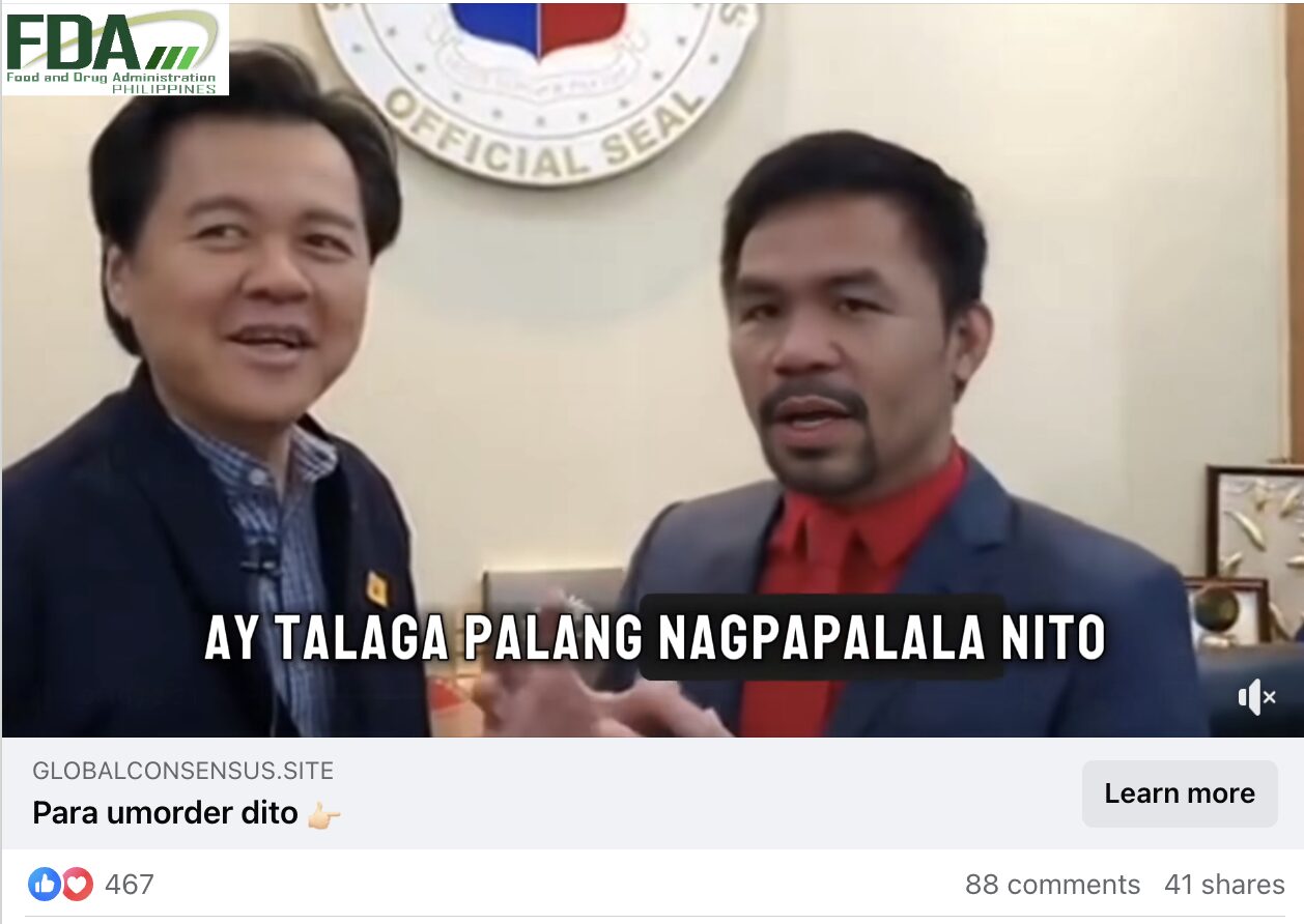 Screencapture shows Willie Ong and Manny Pacquiao wearing suit jackets, talking to each other inside an office. A logo of the Food and Drug Administration is placed on the upper left side of the video.