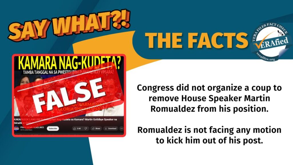 Congress did not organize a coup to remove House Speaker Martin Romualdez from his position. Romualdez is not facing any motion to kick him out of his post.