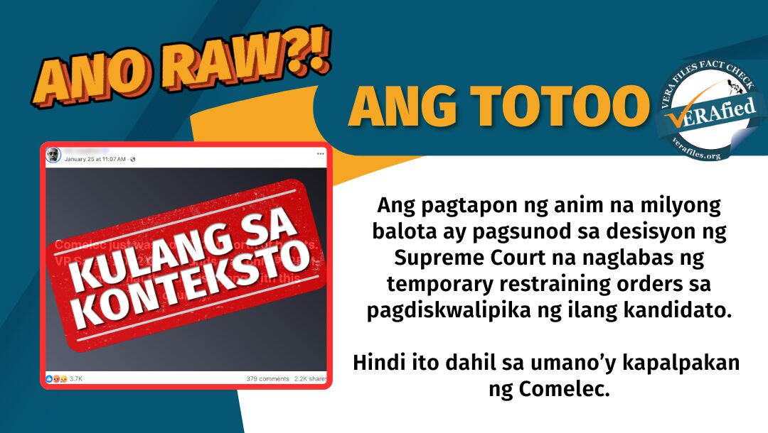 Ang pagtapon ng anim na milyong balota ay pagsunod sa desisyon ng Supreme Court na naglabas ng temporary restraining orders sa pagdiskwalipika ng ilang kandidato. Hindi ito dahil sa umano’y kapalpakan ng Comelec. 