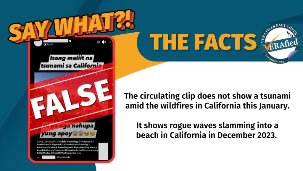 The circulating clip does not show a tsunami amid the wildfires in California this January. It shows rogue waves slamming into a beach in California in December 2023.