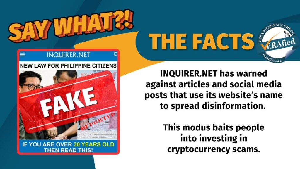 INQUIRER.NET has warned against articles and social media posts that use its website’s name to spread disinformation. This modus baits people into investing in cryptocurrency scams.