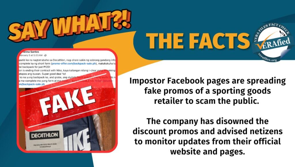 Impostor Facebook pages are spreading fake promos of a sporting goods retailer to scam the public. The company has disowned the discount promos and advised netizens to monitor updates from their official website and pages.