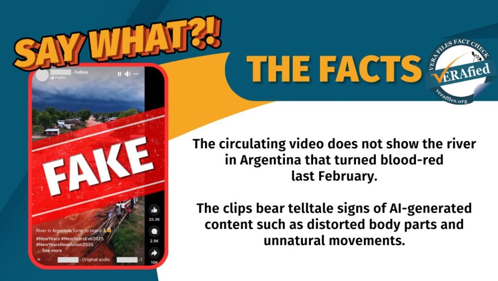 The circulating video does not show the river in Argentina that turned blood-red last February. The clips bear telltale signs of AI-generated content such as distorted body parts and unnatural movements.