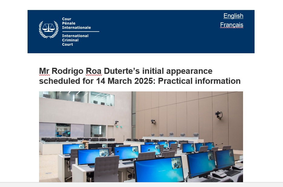 Duterte’s initial appearance at the ICC 14 March (Friday) 9 p.m. (Manila time)