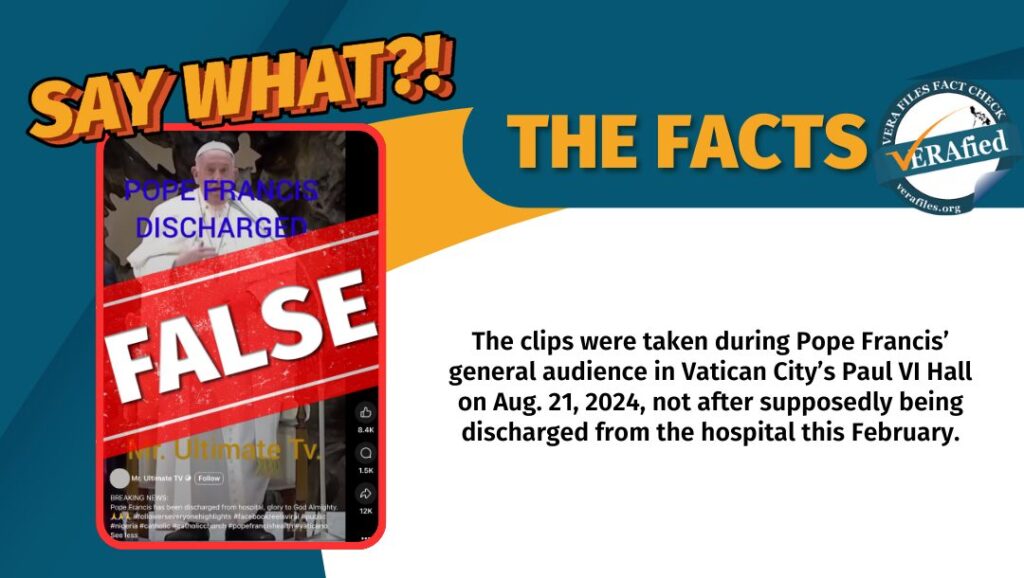 The clips were taken during Pope Francis’ general audience in Vatican City’s Paul VI Hall on Aug. 21, 2024, not after supposedly being discharged from the hospital this February.