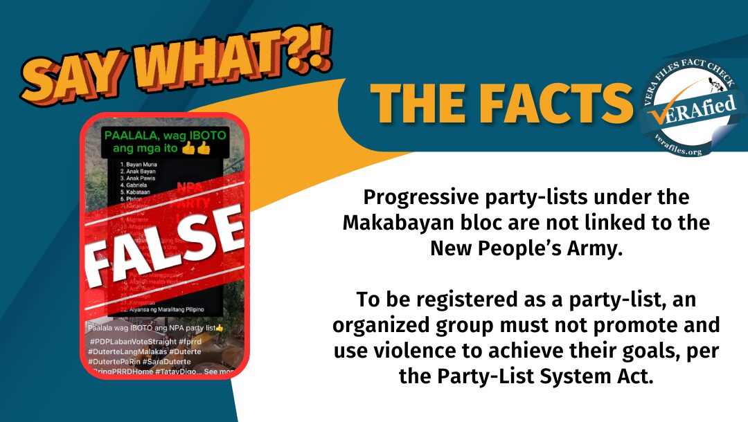 A Facebook page falsely claimed that leftist party-lists are linked to the NPA. Groups cannot be registered as party-lists if they advocate for violence.