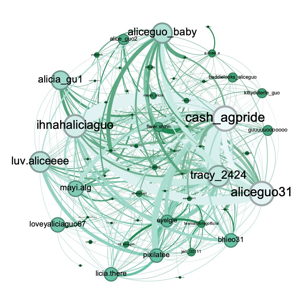 This visualization shows how much content from a TikTok account of Guo has been reposted between May and December 2024. The thickness of each connection indicates how much the other accounts reposted a particular piece of content from another account.