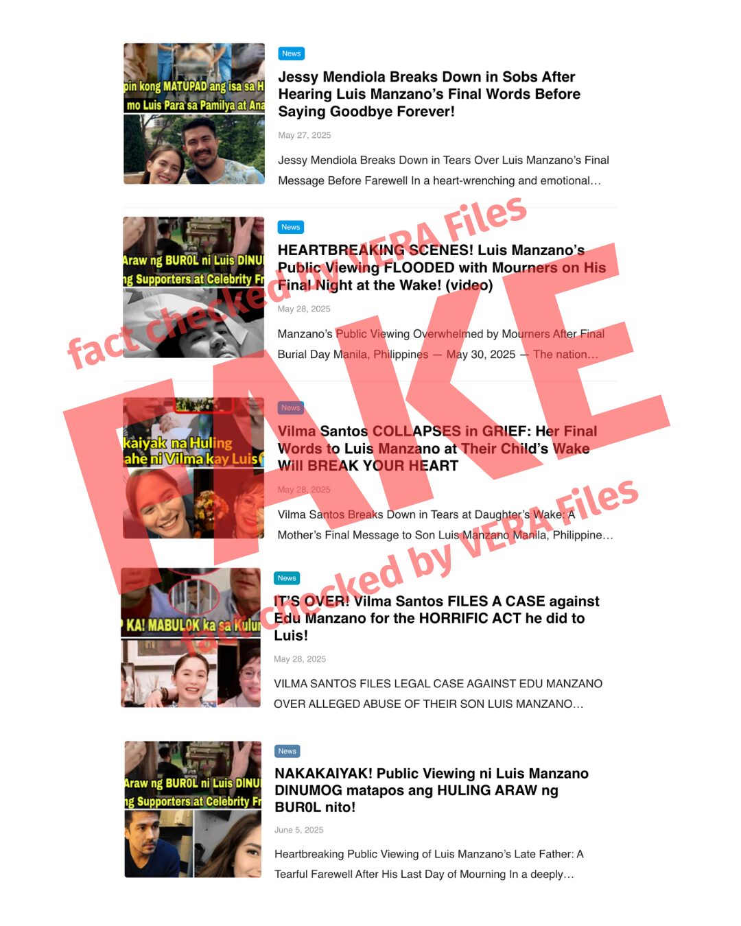 Five screenshots of thumbnails and headlines of fake stories about Luis Manzano's death.