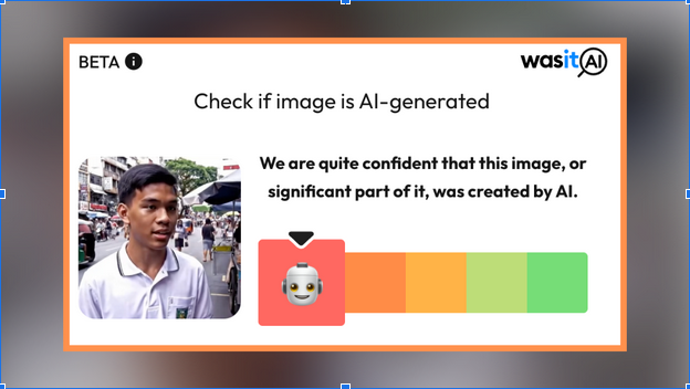Results from AI-detector tool WasItAI show a high confidence rating that the video may be AI-generated based on keyframes from the FB reel. Screenshot from DAU.