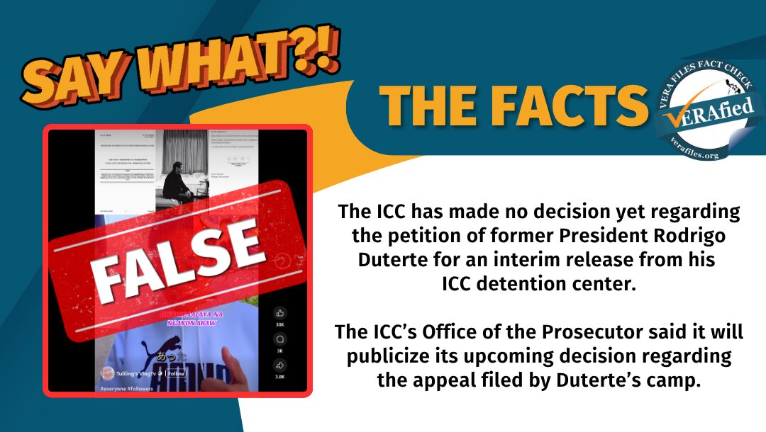 A video on Facebook falsely claims that the International Criminal Court has granted the petition for interim release of former President Rodrigo Duterte.