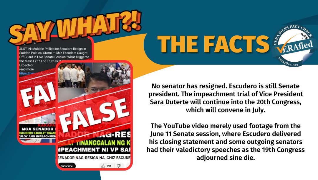 No senator has resigned. Escudero is still Senate president. The impeachment trial of Vice President Sara Duterte will continue into the 20th Congress, which will convene in July. The YouTube video merely used footage from the June 11 Senate session, where Escudero delivered his closing statement and some outgoing senators had their valedictory speeches as the 19th Congress adjourned sine die.