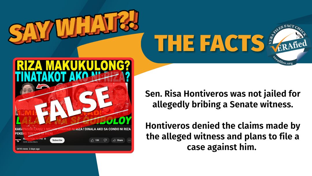 Sen. Risa Hontiveros has not been jailed for allegedly bribing a Senate witness to testify against KOJC Leader Apollo Quiboloy.