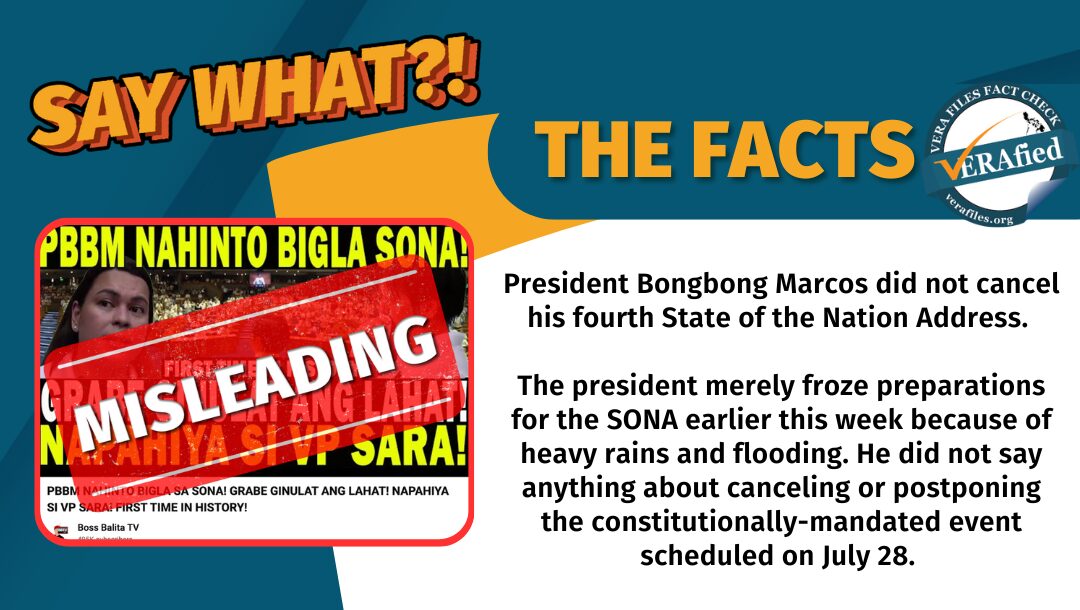A YouTube video claims that President Ferdinand Marcos Jr. has cancelled his upcoming State of the Nation Address. This is misleading.
