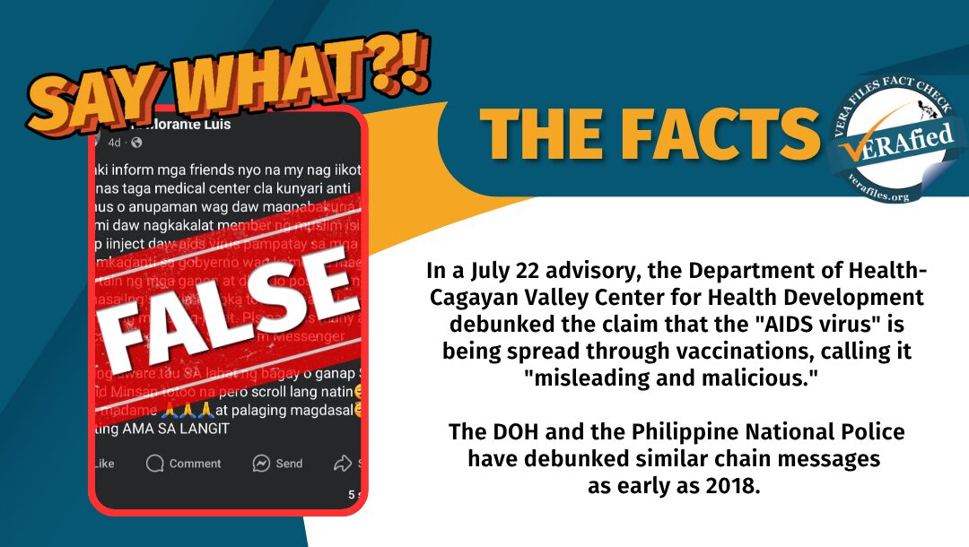 An old chain message recirculating on Facebook is falsely warning netizens against alleged members of the ISIS group disguising themselves as healthcare workers to infect and kill people with “[acquired immunodeficiency syndrome] virus” under the pretense of giving vaccinations.