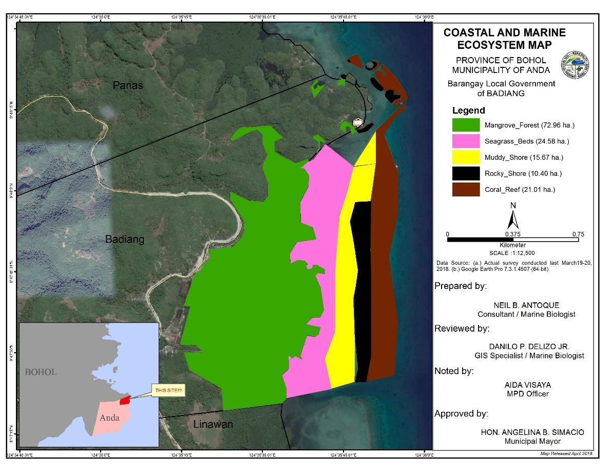 A map of the coastal and marine ecosystem. Province of Bohol, Municipality of Anda