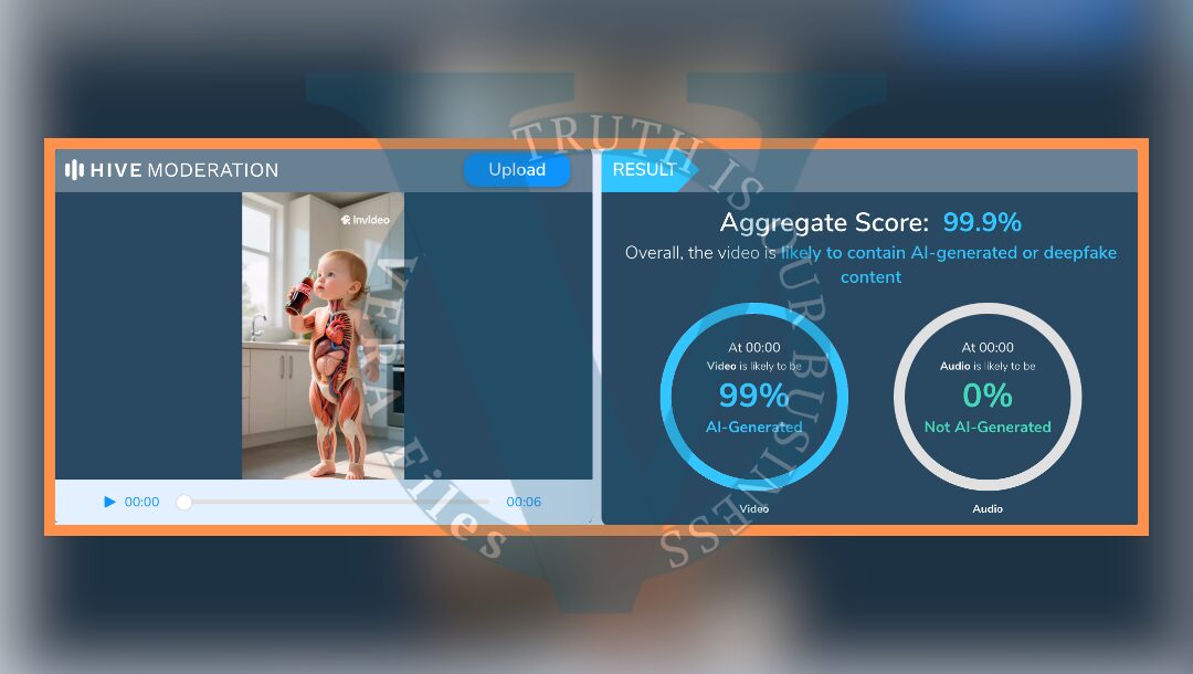 Results from the AI detection tool Hive Moderation showed a 99% likelihood that the video was AI-generated.