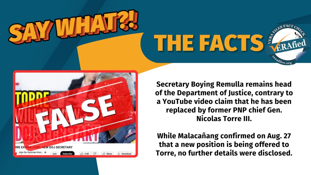 Secretary Boying Remulla remains head of the Department of Justice, contrary to a YouTube video claim that he has been replaced by former PNP chief Gen. Nicolas Torre III. While Malacañang confirmed on Aug. 27 that a new position is being offered to Torre, no further details were disclosed.
