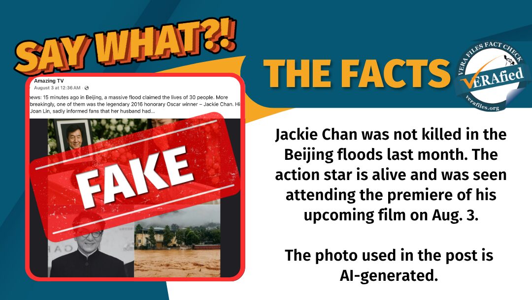 While at least 44 people died in Beijing because of heavy rains and extreme flooding from July 23 to 29, Jackie Chan was not among them.