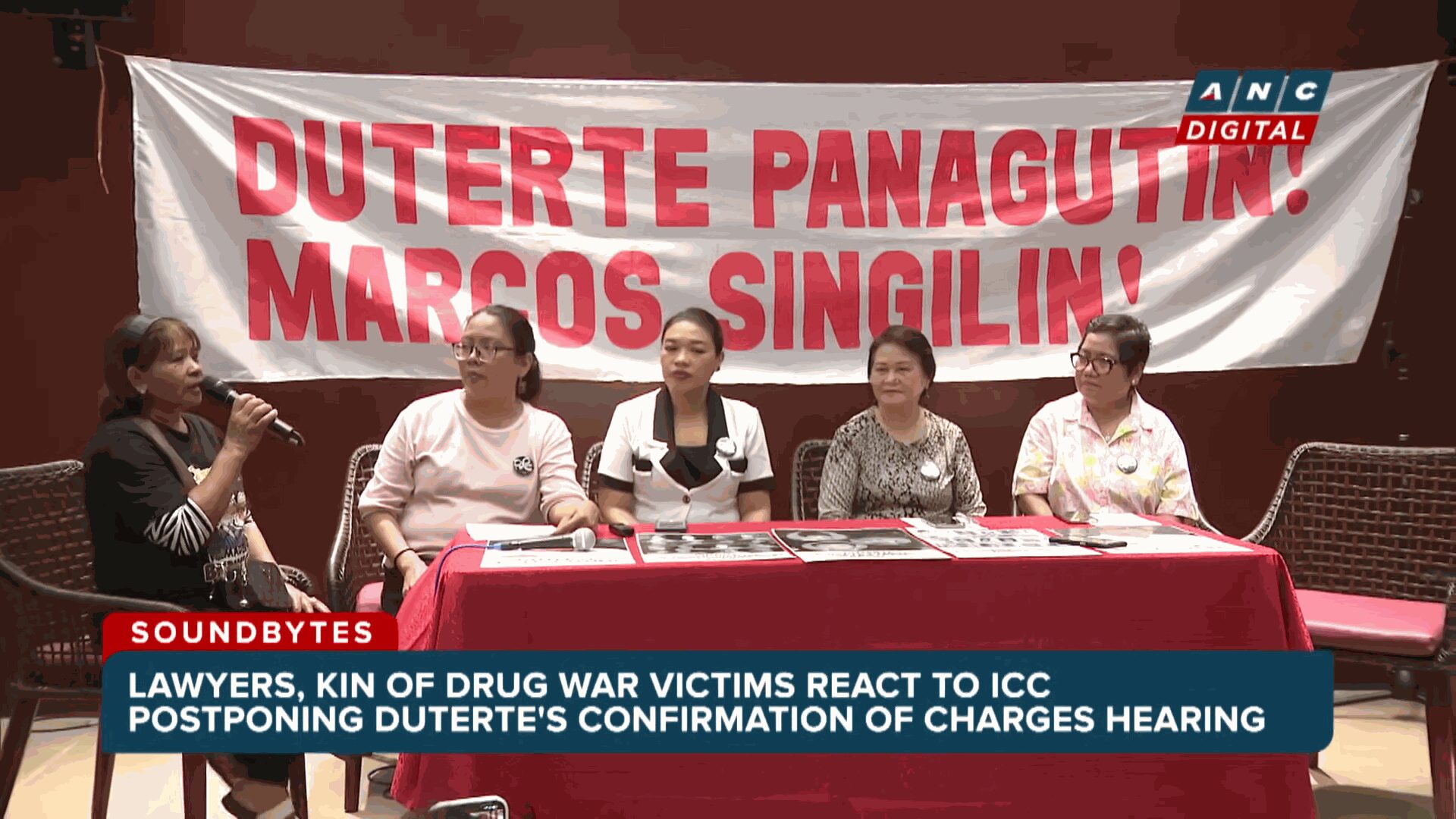 Relatives of drug war victims and ICC Assistant to Counsel Kristina Conti conduct a press conference in Quezon City on Sept. 9, criticizing the postponement of the confirmation of charges against former Philippine president Rodrigo Duterte. Screenshot from ANC 24/7. 