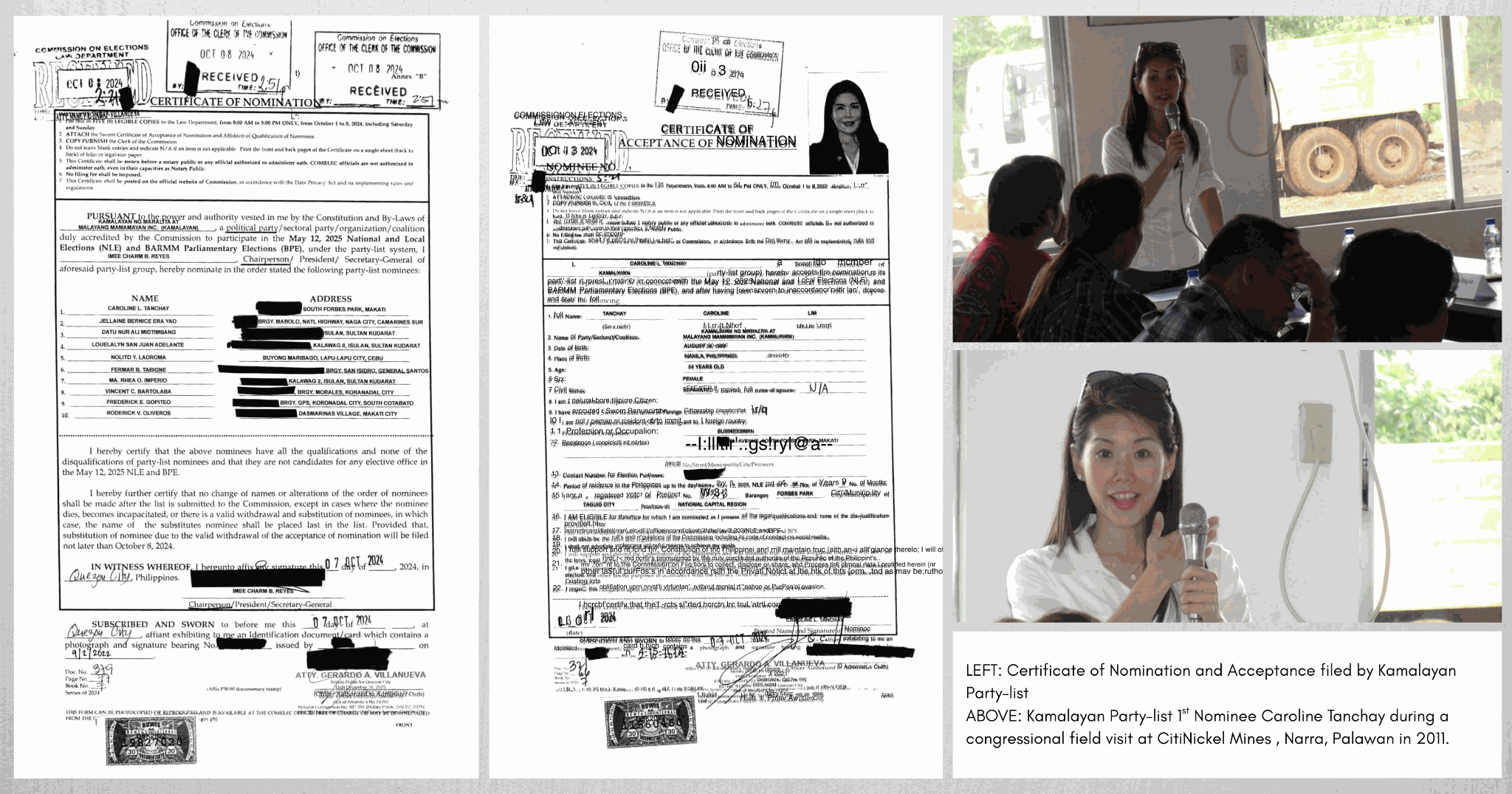 LEFT: Certificate of Nomination and Acceptance filed by Kamalayan Party-list. ABOVE: Kamalayan Party-list 1st nominee Caroline Tanchay during a congressional field visit of CitiNickel Mines, Narra, Palawan in 2011.