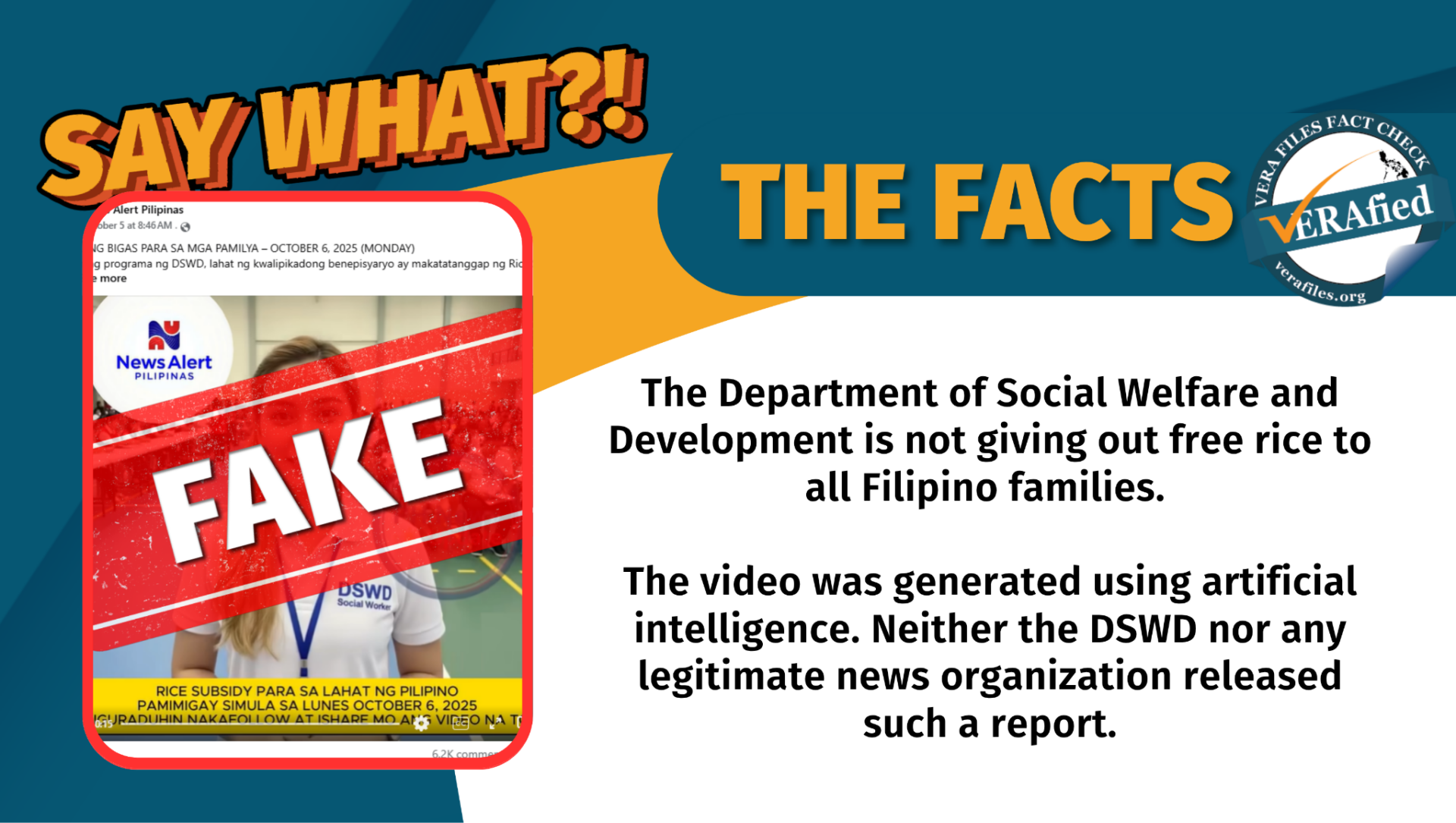 The Department of Social Welfare and Development is not giving out free rice to all Filipino families. The video was generated using artificial intelligence. Neither the DSWD nor any legitimate news organization released such a report.
