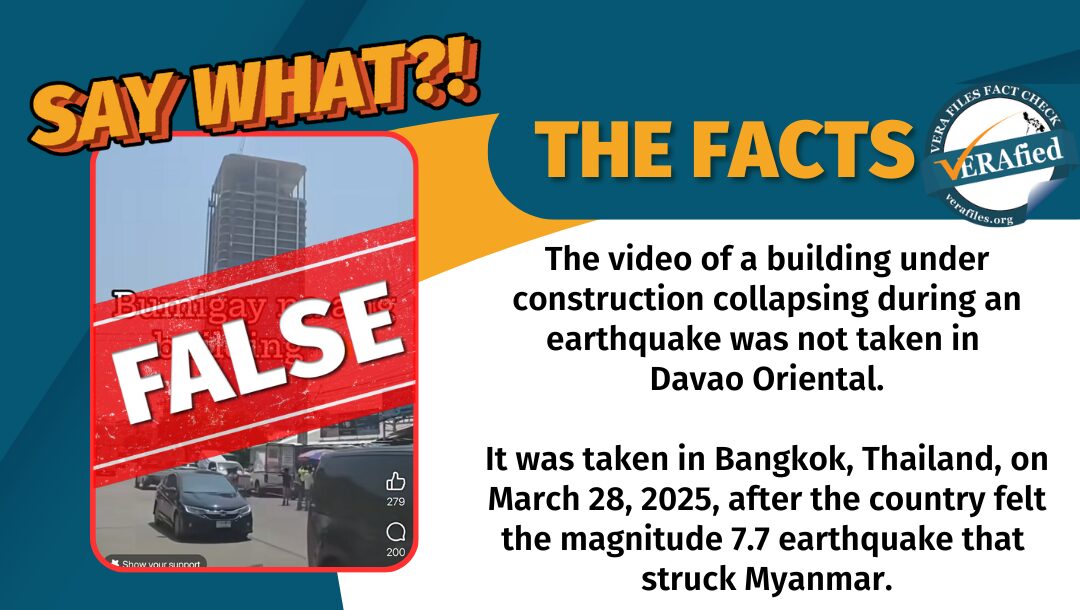The video of a building under construction collapsing during an earthquake was not taken in Davao Oriental. It was taken in Bangkok, Thailand, on March 28, 2025, after the country felt the magnitude 7.7 earthquake that struck Myanmar.