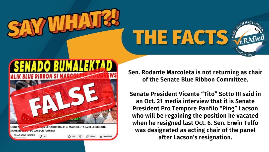 Sen. Rodante Marcoleta is not returning as chair of the Senate Blue Ribbon Committee. Senate President Vicente “Tito” Sotto III said in an Oct. 21 media interview that it is Senate President Pro Tempore Panfilo “Ping” Lacson who will be regaining the position he vacated when he resigned last Oct. 6. Sen. Erwin Tulfo was designated as acting chair of the panel after Lacson’s resignation.