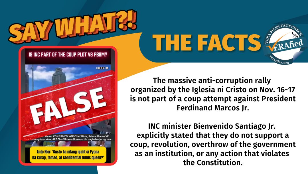 The massive anti-corruption rally organized by the Iglesia ni Cristo on Nov. 16-17 is not part of a coup attempt against President Ferdinand Marcos Jr. INC minister Bienvenido Santiago Jr. explicitly stated that they do not support a coup, revolution, overthrow of the government as an institution, or any action that violates the Constitution.