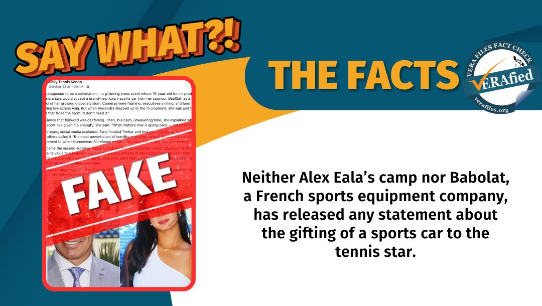 Neither Alex Eala’s camp nor Babolat, a French sports equipment company, has released any statement about the gifting of a sports car to the tennis star.
