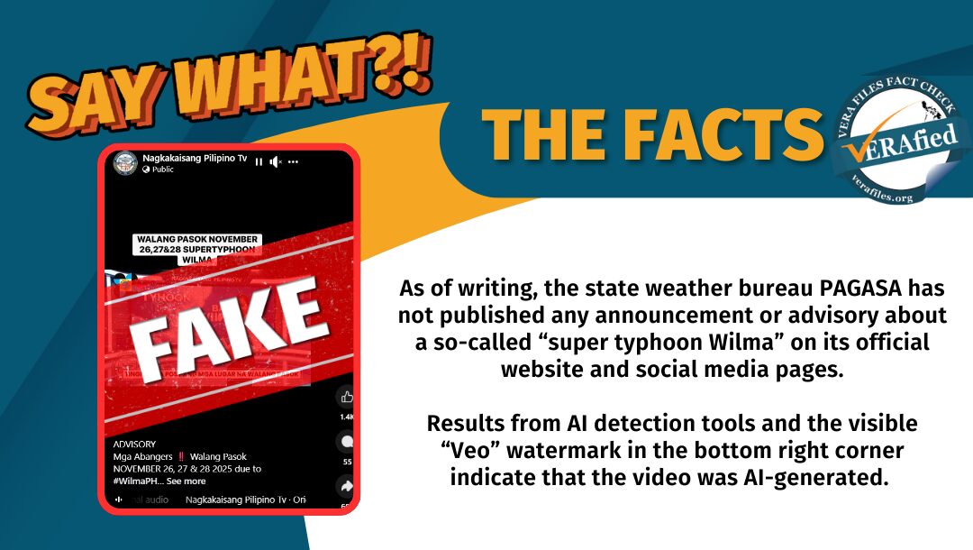 As of writing, the state weather bureau PAGASA has not published any announcement or advisory about a so-called “super typhoon Wilma” on its official website and social media pages. Results from AI detection tools and the visible “Veo” watermark in the bottom right corner indicate the video was AI-generated. 