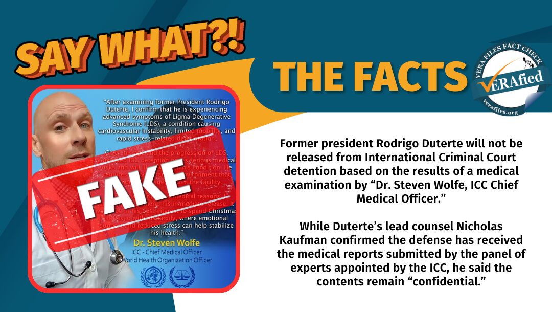 Former president Rodrigo Duterte will not be released from International Criminal Court detention based on the results of a medical examination by “Dr. Steven Wolfe, ICC Chief Medical Officer.” While Duterte’s lead counsel Nicholas Kaufman confirmed the defense has received the medical reports submitted by the panel of experts appointed by the ICC, he said the contents remain “confidential.”