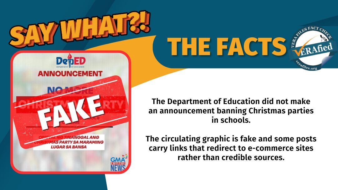 The Department of Education did not make an announcement banning Christmas parties in schools. The circulating graphic is fake and some posts carry links that redirect to e-commerce sites rather than credible sources.