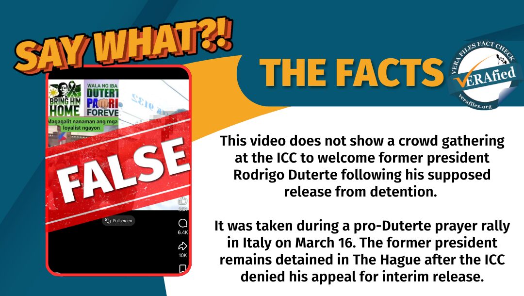 This video does not show a crowd gathering at the ICC to welcome former president Rodrigo Duterte following his supposed release from detention. It was taken during a pro-Duterte prayer rally in Italy on March 16. The former president remains detained in The Hague after the ICC denied his appeal for interim release.