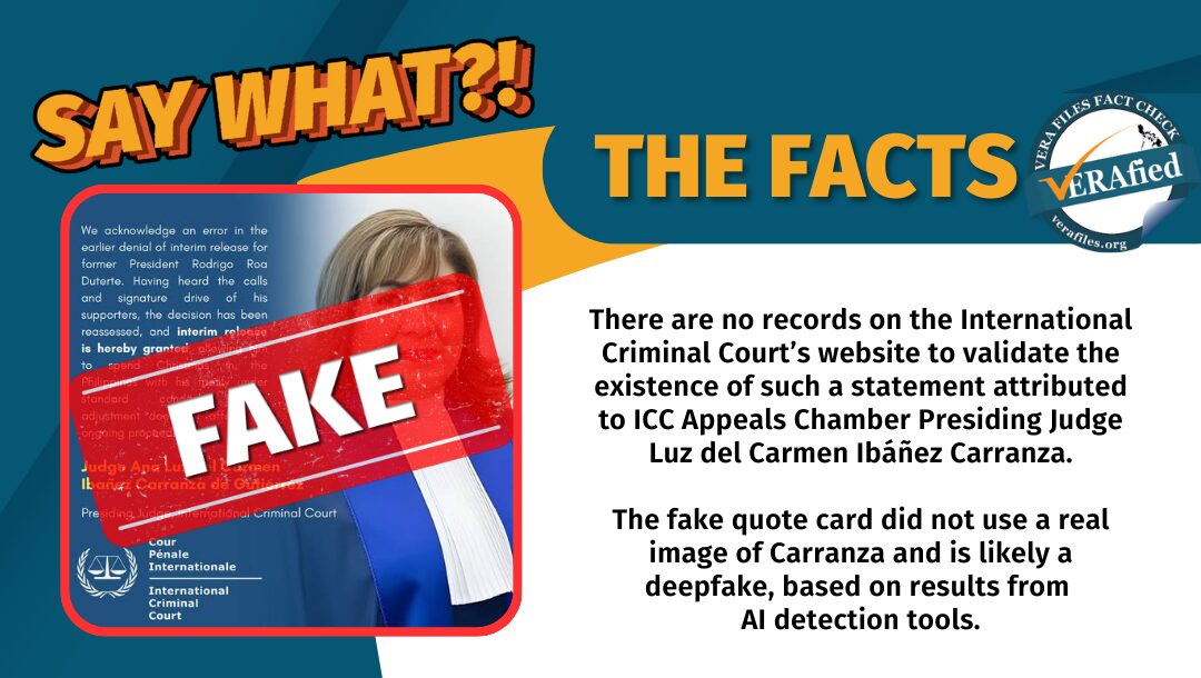 There are no records on the International Criminal Court’s website to validate the existence of such a statement attributed to ICC Appeals Chamber Presiding Judge Luz del Carmen Ibáñez Carranza. The fake quote card did not use a real image of Carranza and is likely a deepfake, based on results from AI detection tools.
