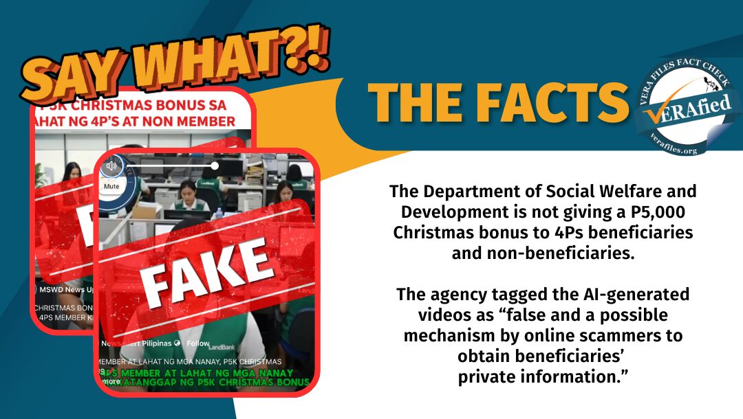 The Department of Social Welfare and Development is not giving a P5,000 Christmas bonus to 4Ps beneficiaries and non-beneficiaries. The agency tagged the AI-generated videos as “false and a possible mechanism by online scammers to obtain beneficiaries’ private information.”