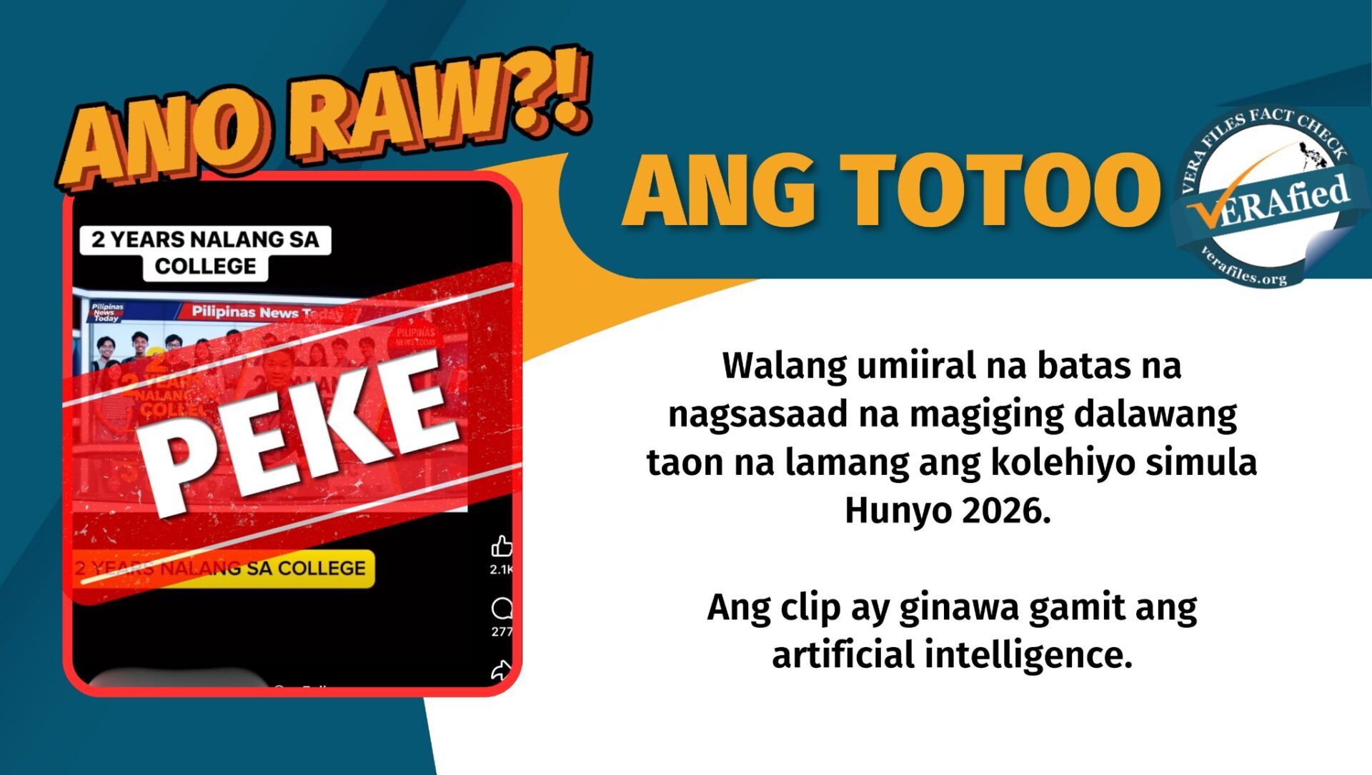 Walang umiiral na batas na nagsasaad na magiging dalawang taon na lamang ang kolehiyo simula Hunyo 2026. Ang clip ay ginawa gamit ang artificial intelligence.